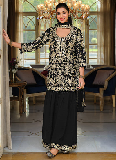 Black Embroidered Gharara Style Suit