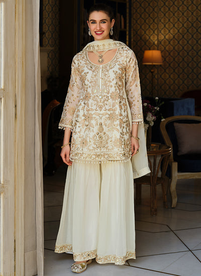 White Embroidered Gharara Style Suit