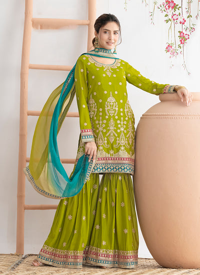 Green and Teal Multi Embroidery Gharara Suit