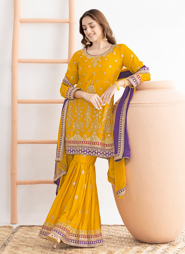 Yellow and Purple Multi Embroidery Gharara Suit