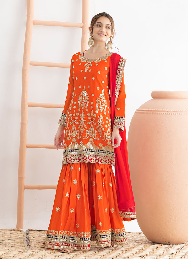 Orange and Red Multi Embroidery Gharara Suit