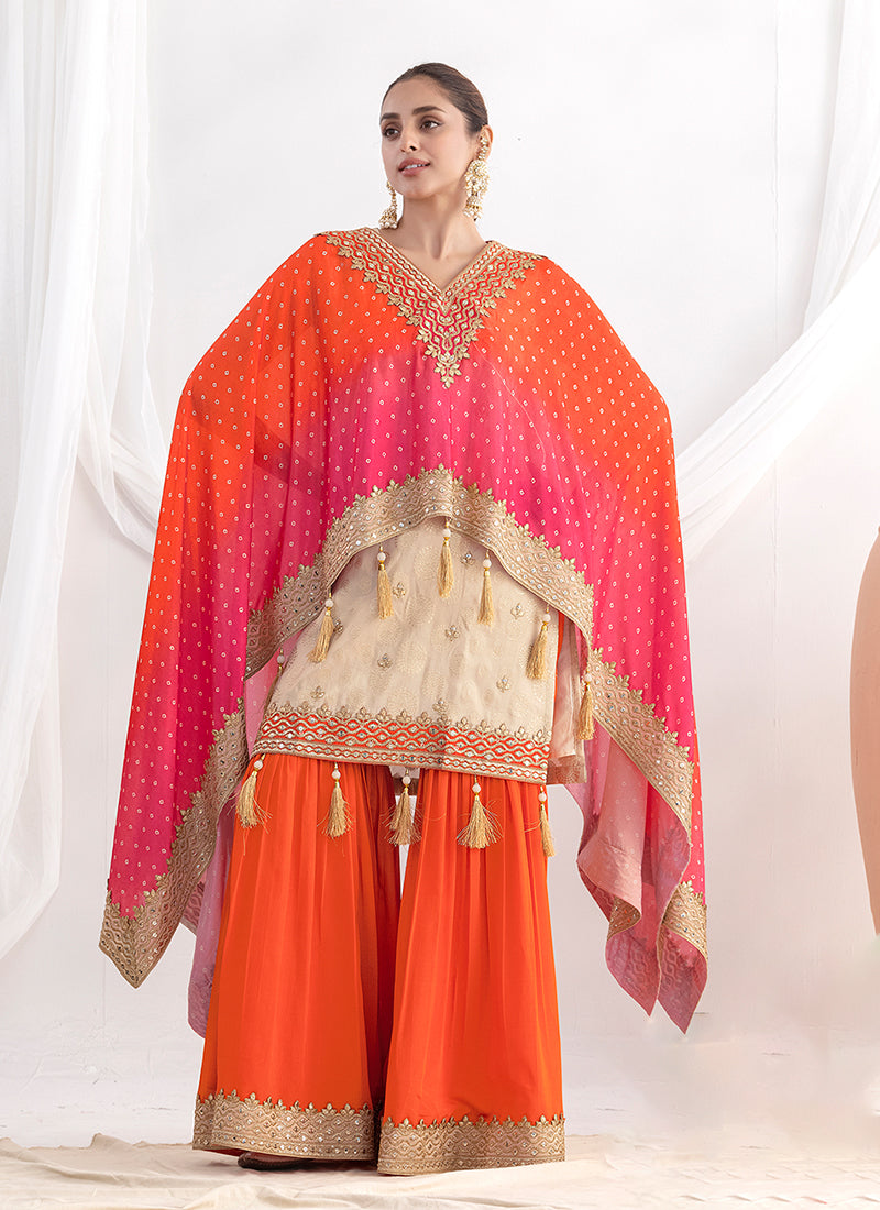 Cream and Orange Embroidered Sharara Suit