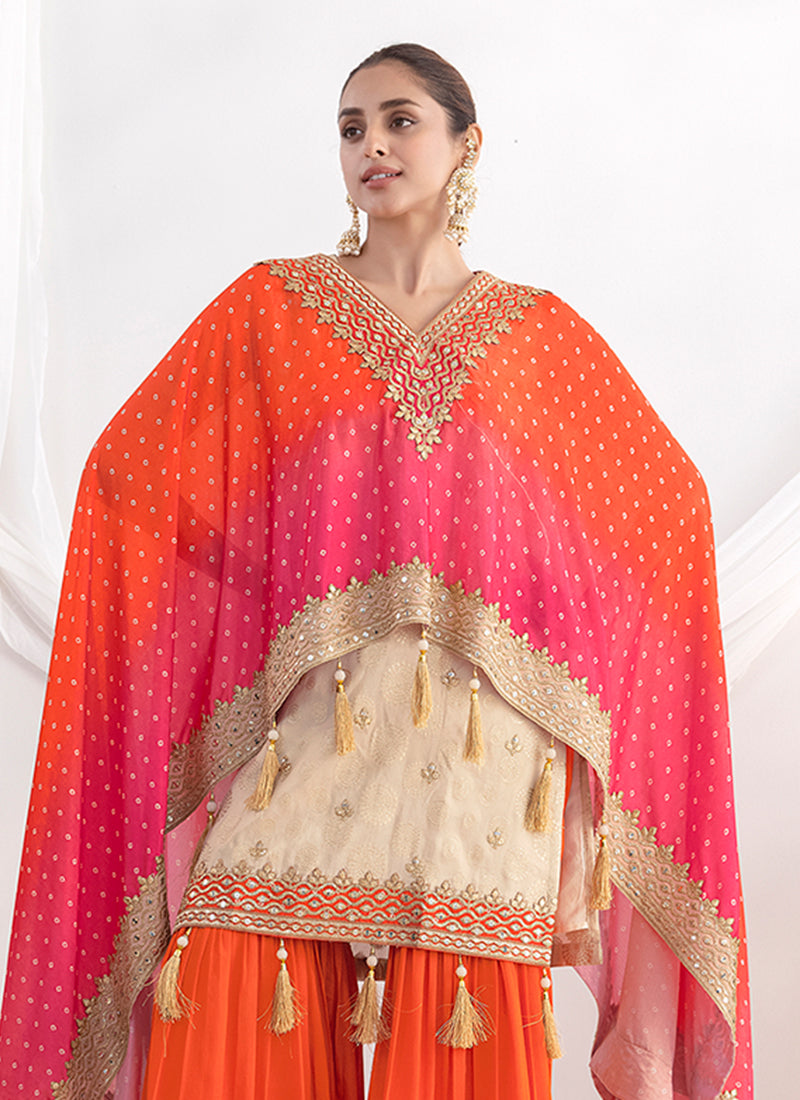 Cream and Orange Embroidered Sharara Suit