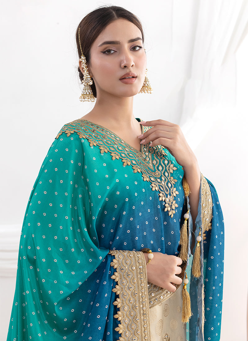 Cream and Turquoise Embroidered Sharara Suit