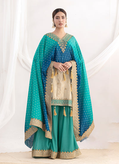 Cream and Turquoise Embroidered Sharara Suit