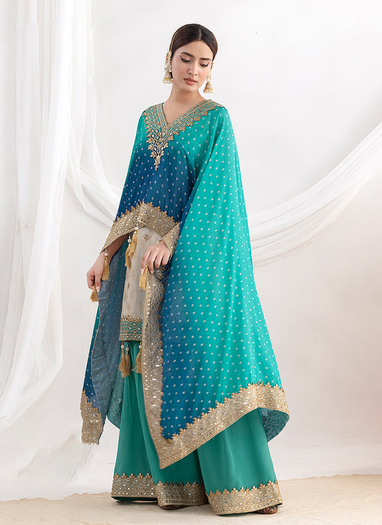 Cream and Turquoise Embroidered Sharara Suit