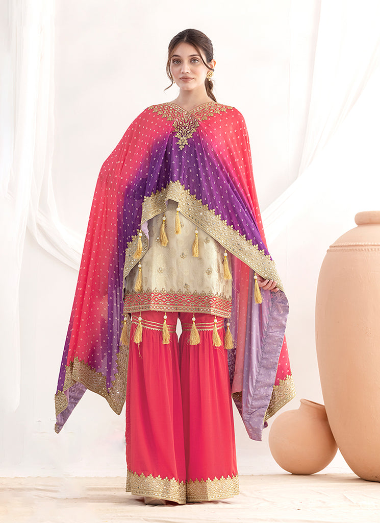Cream and Pink Embroidered Sharara Suit