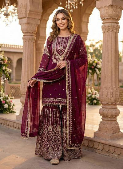 Wine Designer Embroidery Gharara Style Suit