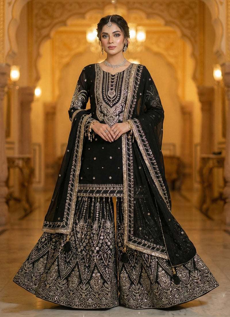 Black Designer Embroidery Gharara Style Suit
