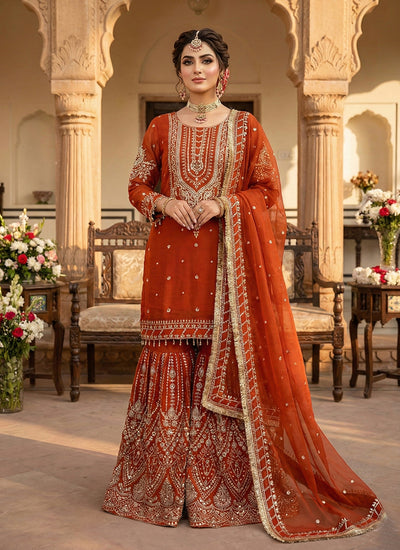 Orange Designer Embroidery Gharara Style Suit