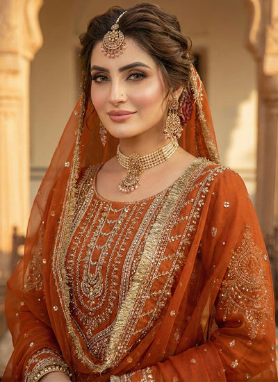 Orange Designer Embroidery Gharara Style Suit