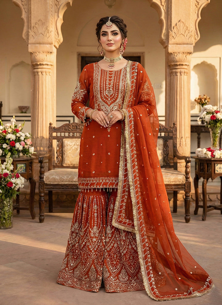 Orange Designer Embroidery Gharara Style Suit