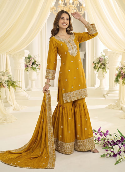 Yellow Embroidery Gharara Style Suit