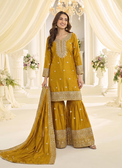 Yellow Embroidery Gharara Style Suit