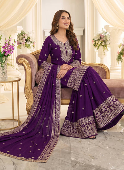Purple Embroidered Gharara Style Suit