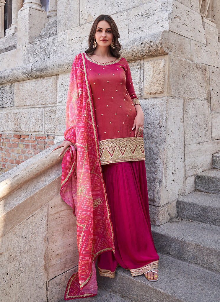 Magenta Pink Embroidery Gharara Style Suit