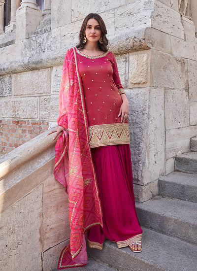 Magenta Pink Embroidery Gharara Style Suit