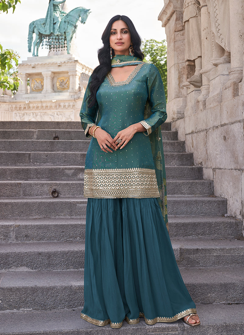 Deep Turquoise Embroidery Gharara Style Suit