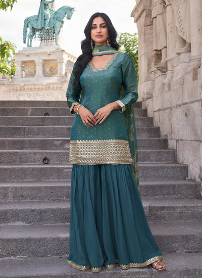 Deep Turquoise Embroidery Gharara Style Suit