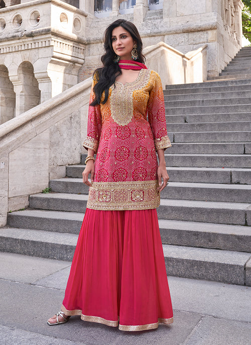 Magenta Ombré Embroidery Gharara Style Suit