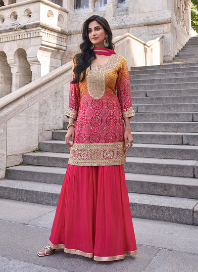 Magenta Ombré Embroidery Gharara Style Suit