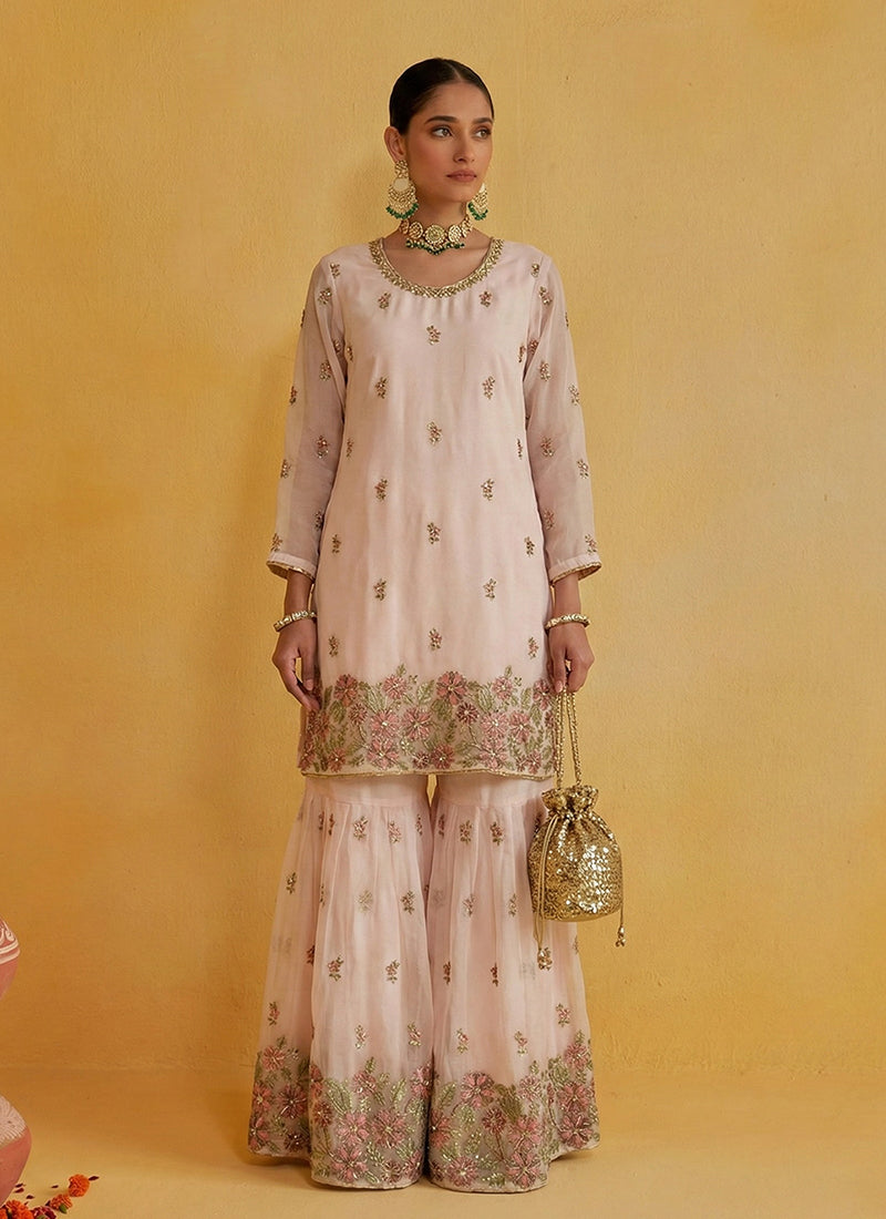Peach Embroidered Traditional Gharara Suit