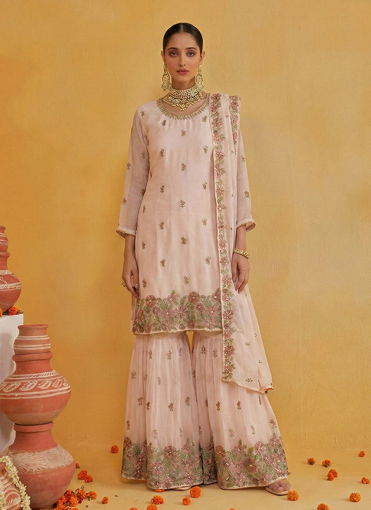 Peach Embroidered Traditional Gharara Suit