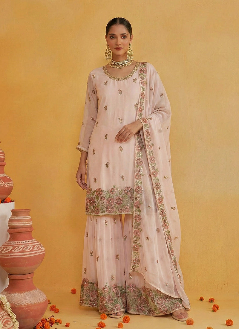 Peach Embroidered Traditional Gharara Suit