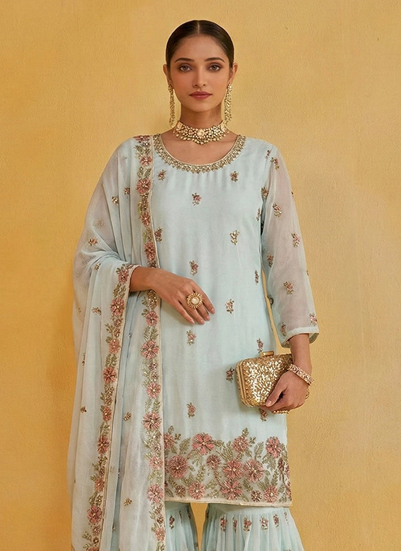 Aqua Blue Embroidered Traditional Gharara Suit