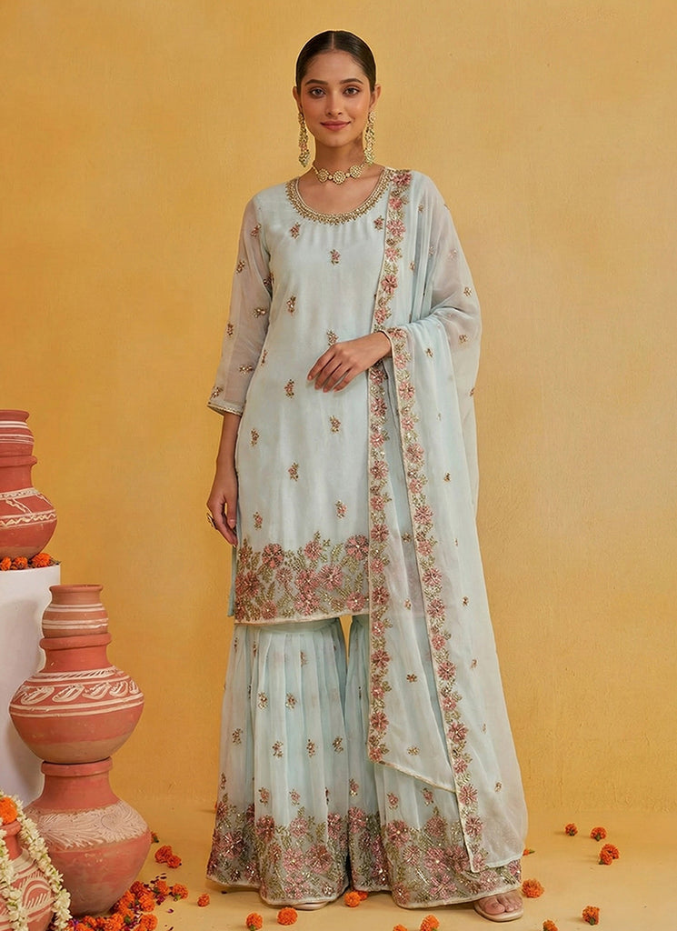 Aqua Blue Embroidered Traditional Gharara Suit