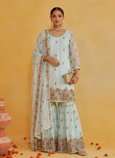 Aqua Blue Embroidered Traditional Gharara Suit