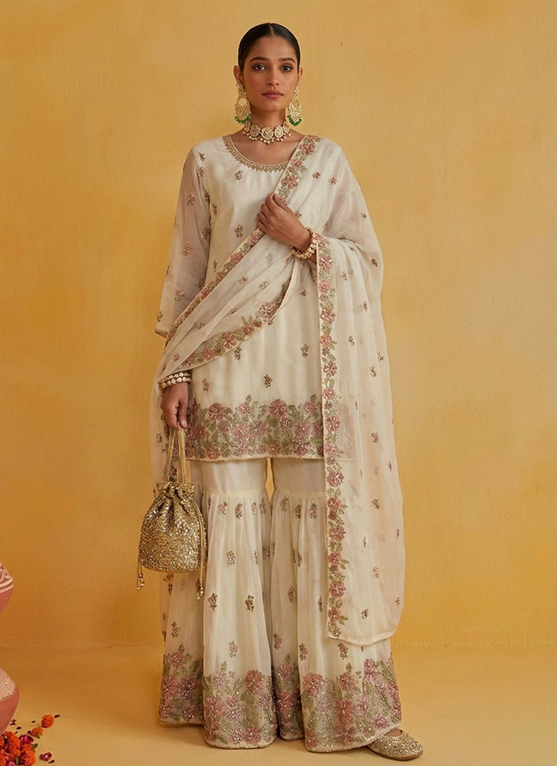 Cream Embroidered Traditional Gharara Suit