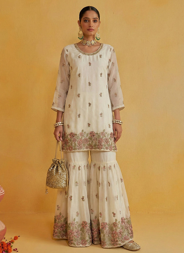 Cream Embroidered Traditional Gharara Suit