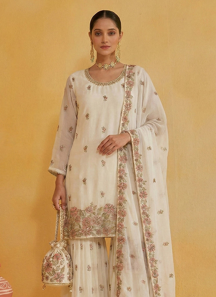 Cream Embroidered Traditional Gharara Suit