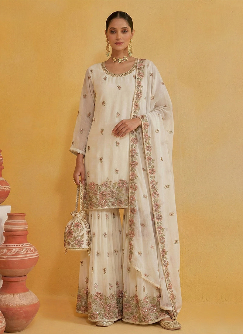 Cream Embroidered Traditional Gharara Suit