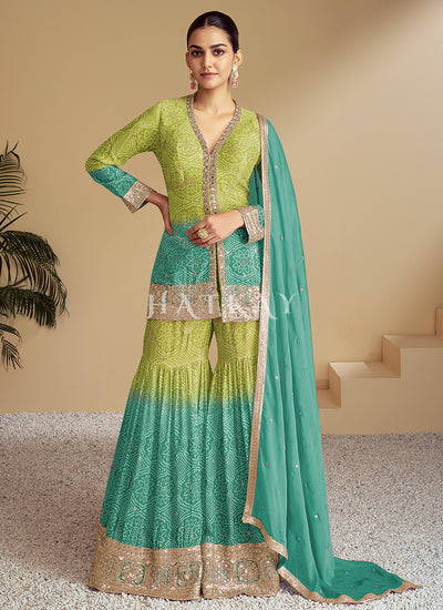 Lime Teal Ombré Designer Kurti And Gharara