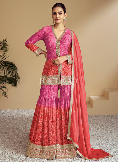 Pink Orange Ombré Designer Kurti And Gharara