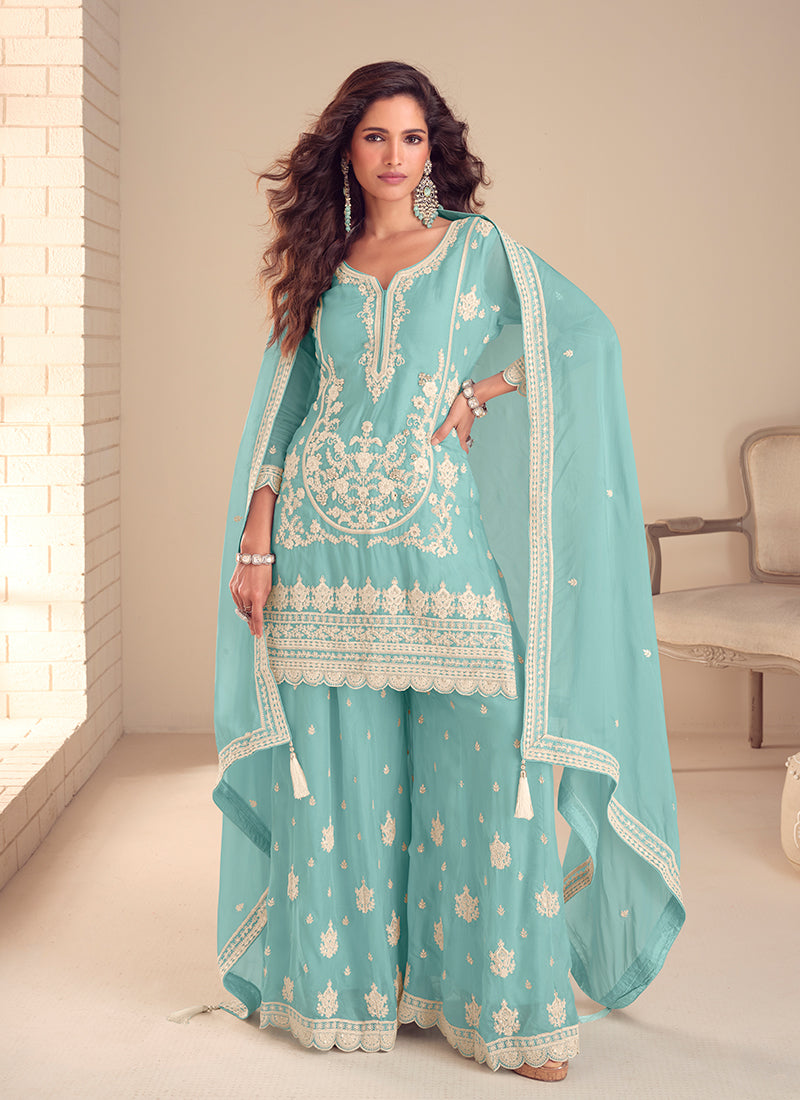 Sky Blue Embroidered Silk Gharara Suit