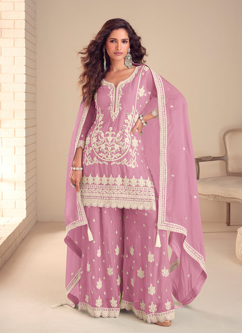 Pink Embroidered Silk Gharara Suit