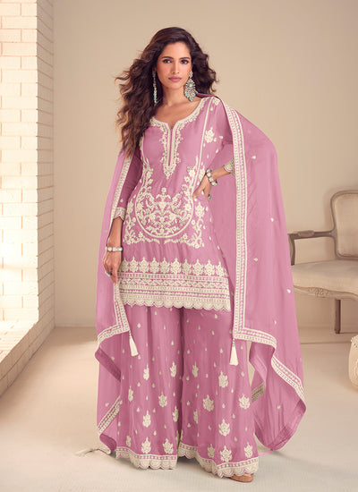 Pink Embroidered Silk Gharara Suit