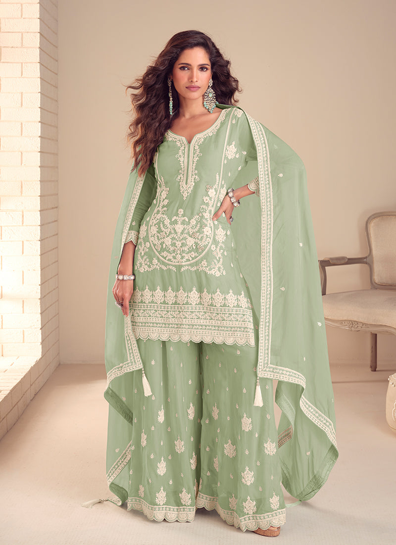 Mint Green Embroidered Silk Gharara Suit