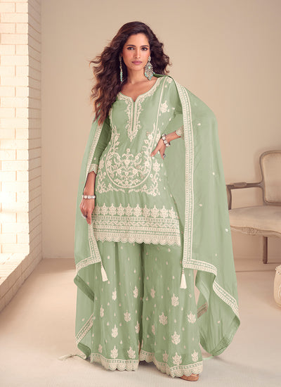 Mint Green Embroidered Silk Gharara Suit