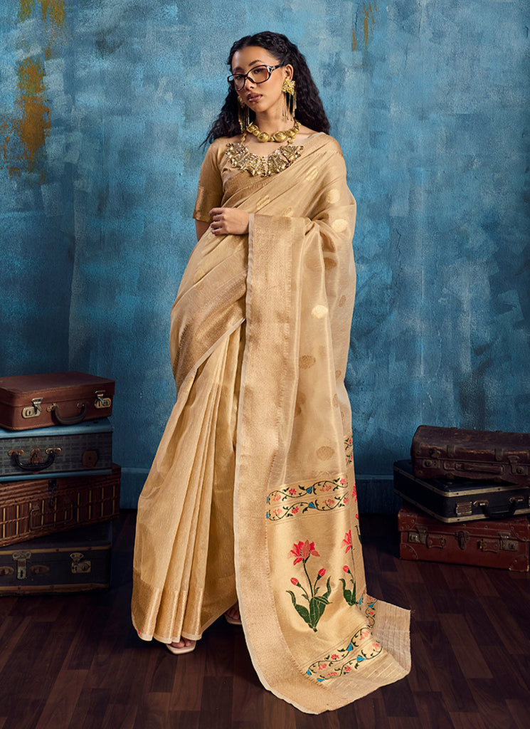 Golden Beige Floral Brocade Silk Saree