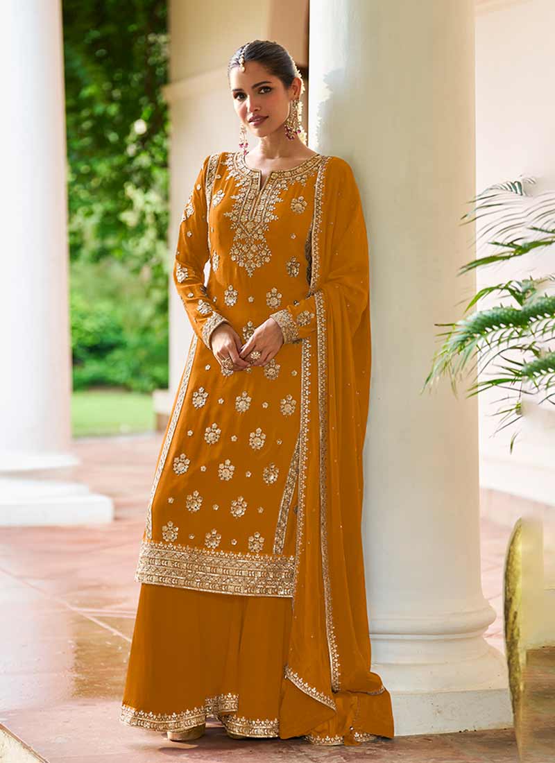 Golden Yellow Sequins Embroidered Palazzo Suit