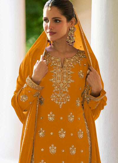 Golden Yellow Sequins Embroidered Palazzo Suit