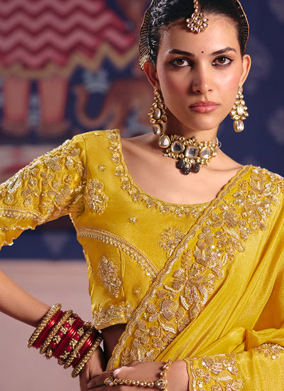 Golden Yellow Embroidered Tissue Silk Saree