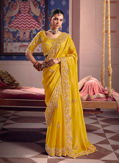 Golden Yellow Embroidered Tissue Silk Saree