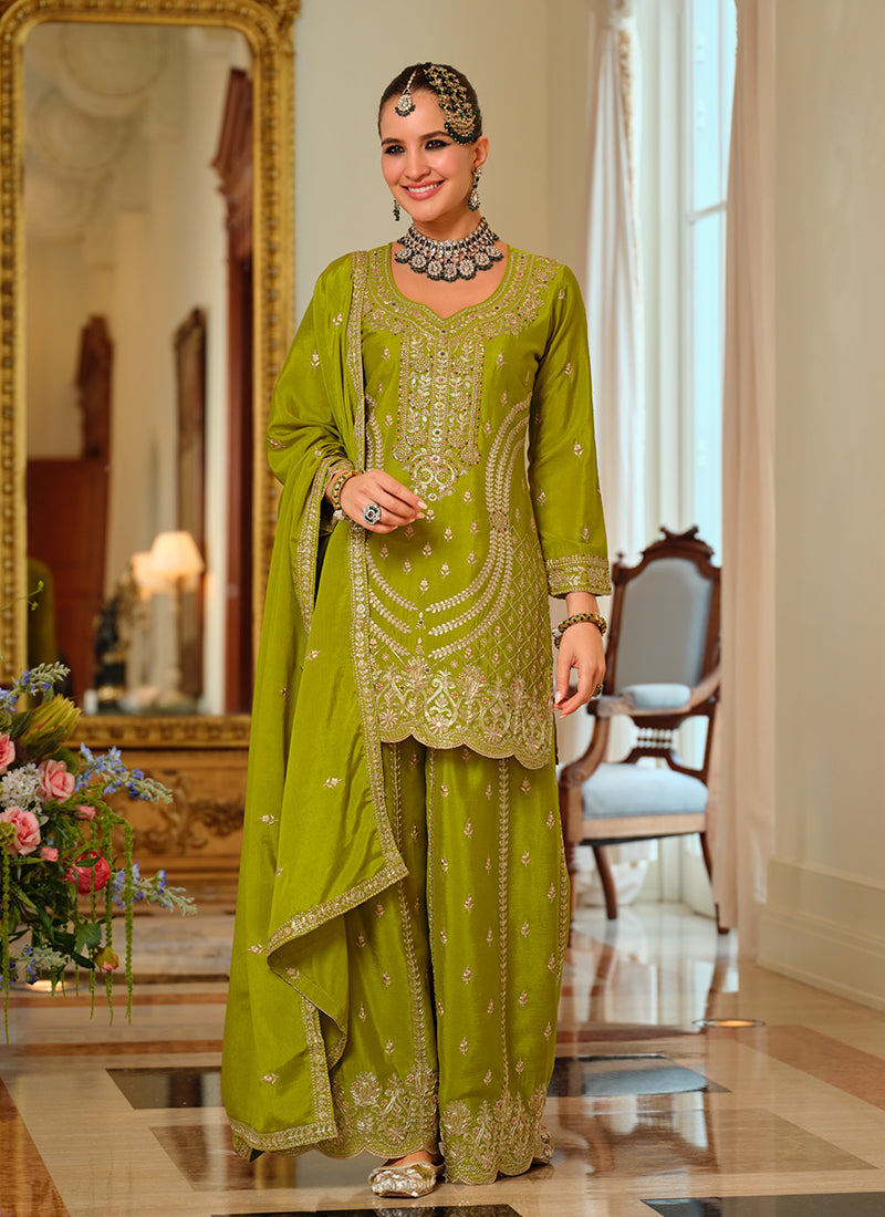 Green Reshamkari Embroidered Festive Palazzo Suit