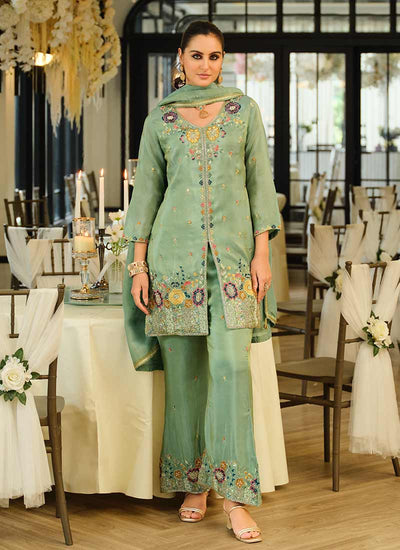 Green Multi Embroidered Traditional Palazzo Suit