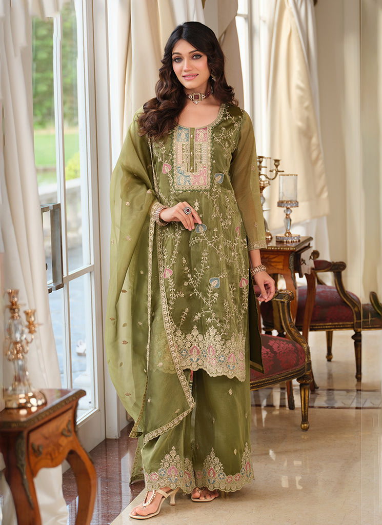 Green Multi Embroidered Pant Style Suit
